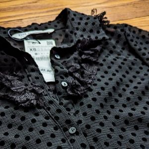 Zara Black Sheer, Velvet Polka Dot Long Sleeve  Ruffle Collared Blouse, Size XS